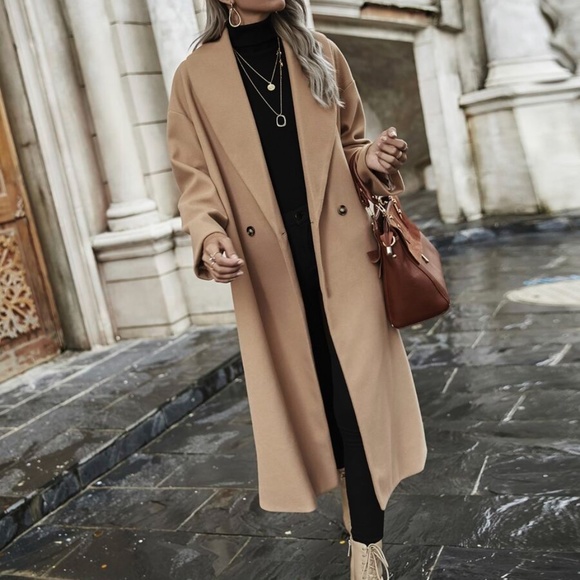 camel tan button long fall trench pea coat fall - Picture 5 of 7